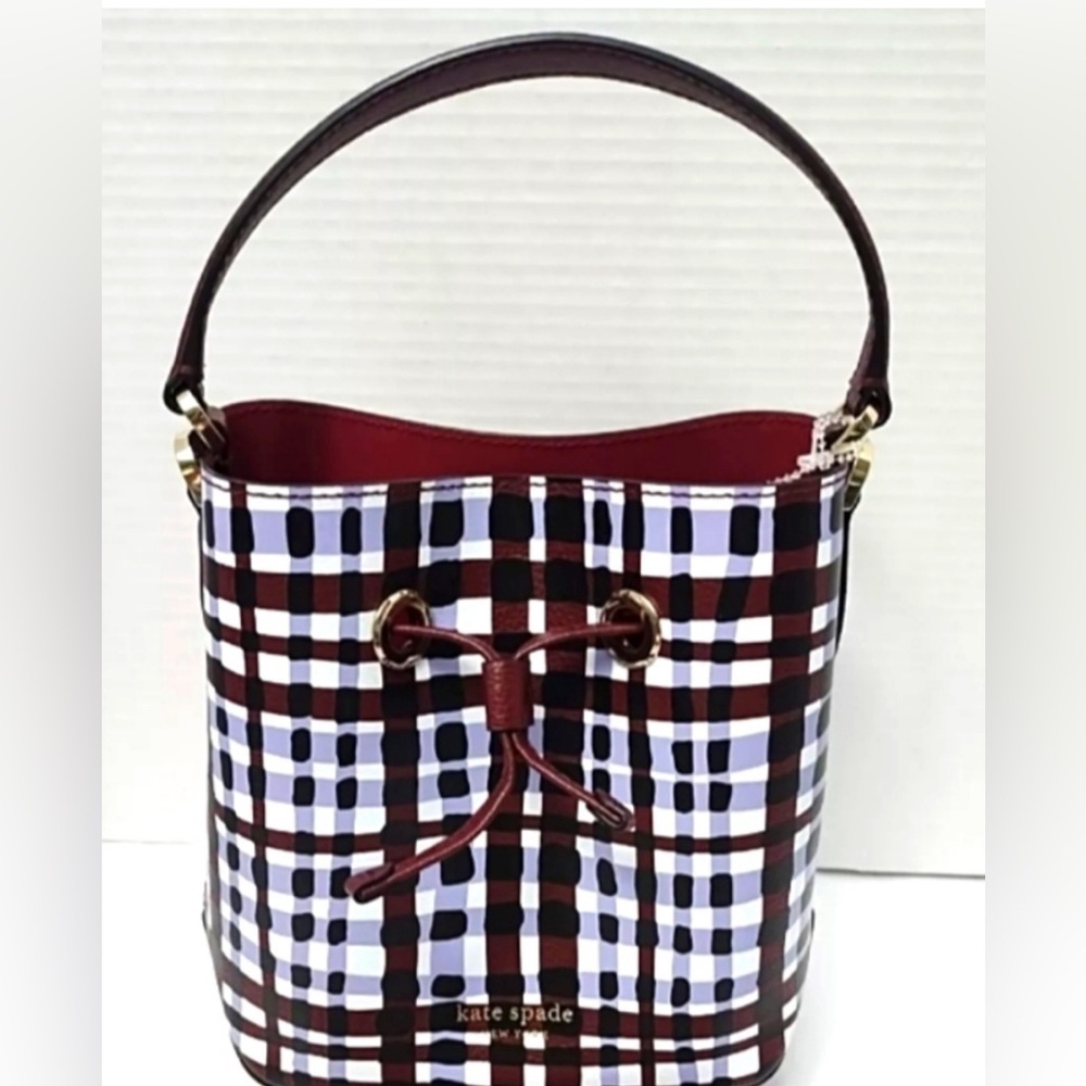 Kate Spade Eva Bucket small crossbody  Bag Purple Multi plaid - Picture 3 of 15